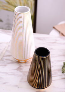 汤河店 简约现代家居装饰白黑金色陶瓷花瓶花插花器三件套工艺品摆件软装a